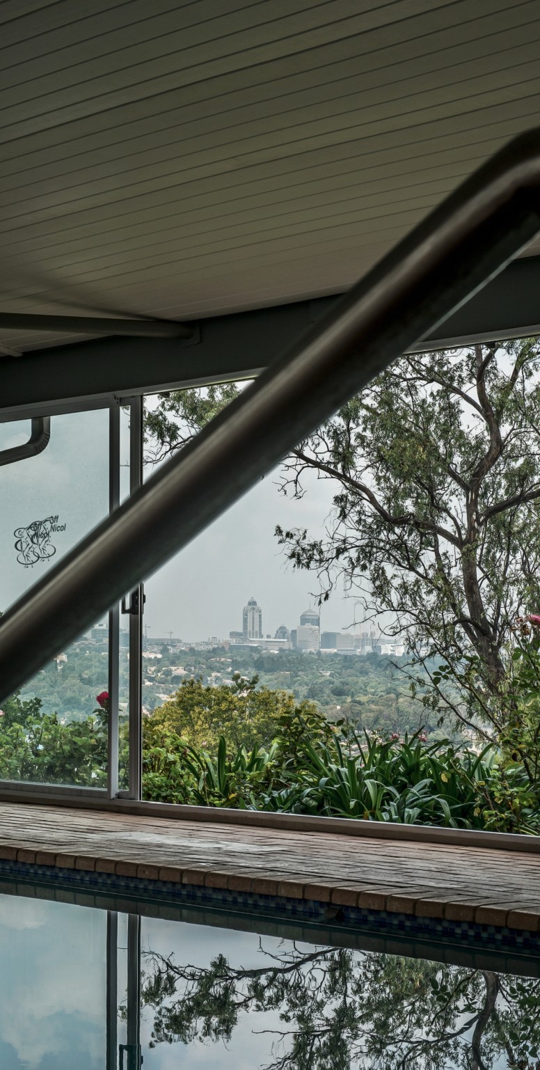 View of Sandton City from Off Nicol heated therapy pool used by Fish and Field biokineticists in Bryanston for aqua therapy
